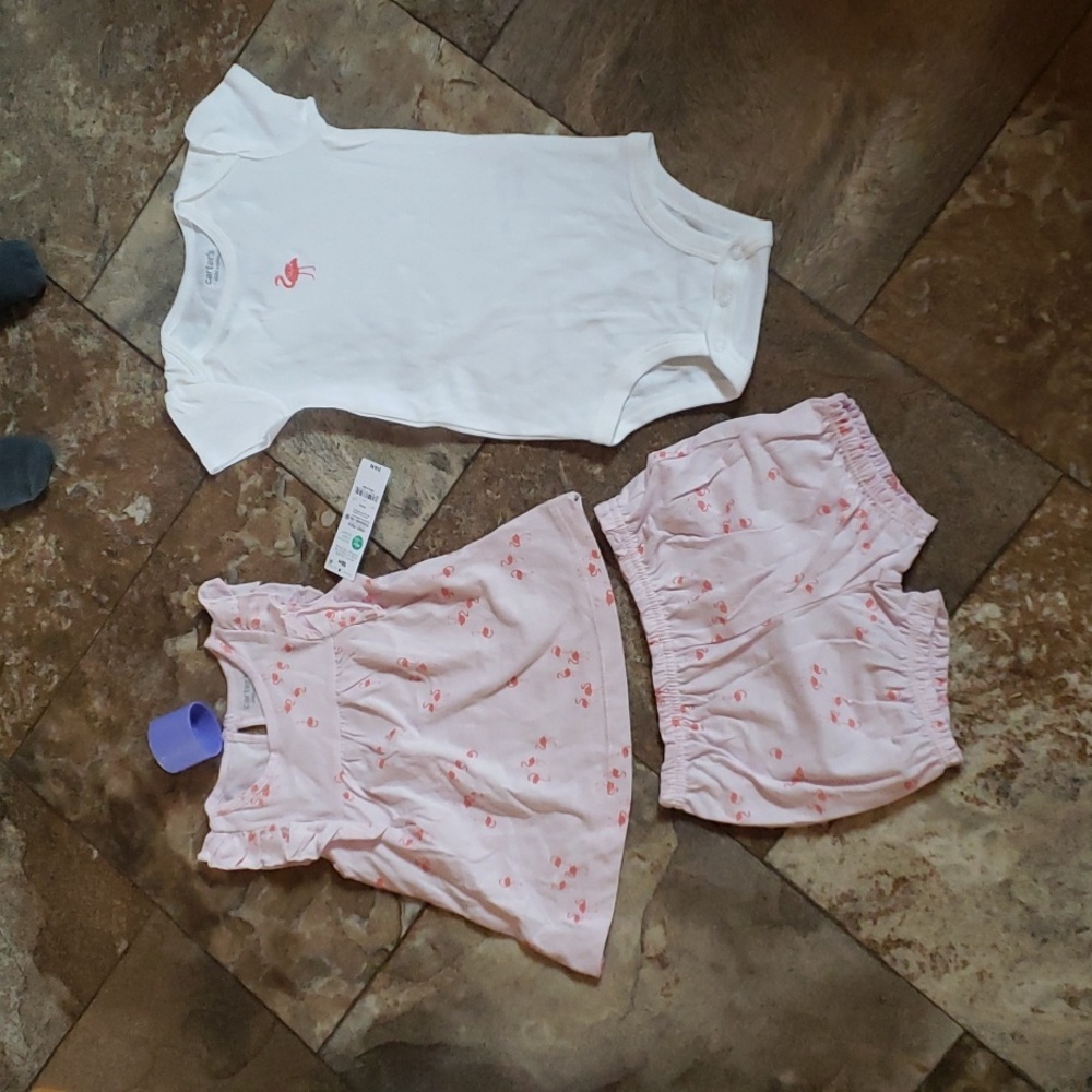 Carter's 24 month flamingo set baby girl pink ruffle shorts Outfit 3 Piece